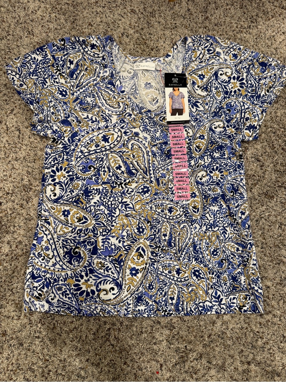 Rafaella Blue and Gold Paisley V-Neck Short Sleeve Top